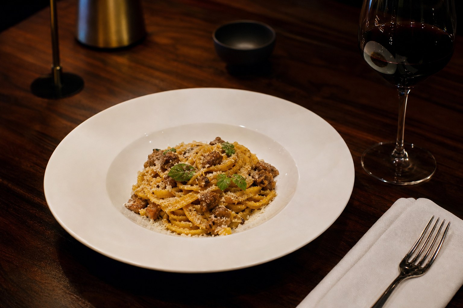 パスタとワイングラス・キャンドルの灯り