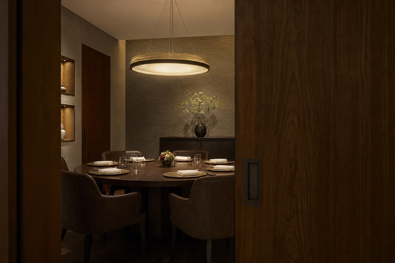 西麻布モダン和食の円卓個室・引き戸と暖色ペンダント