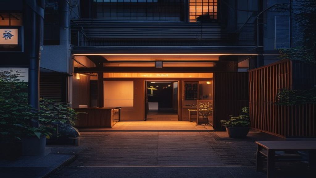 夕暮れの静かな上質な小路に佇む高級店の入口